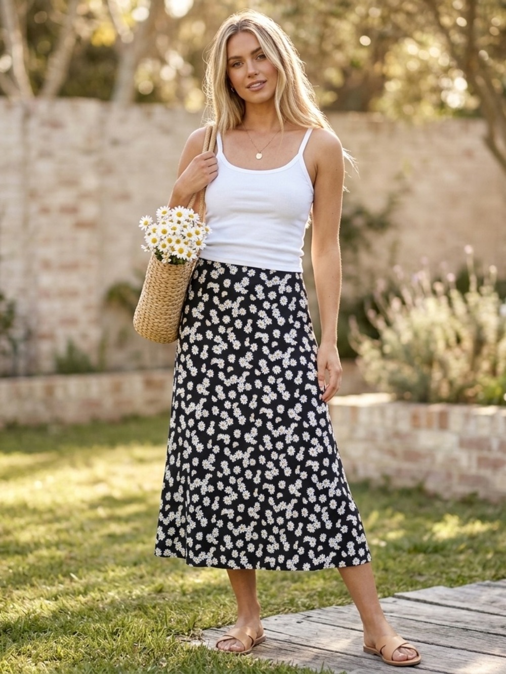Reformation Black Daisy Print Midi Skirt